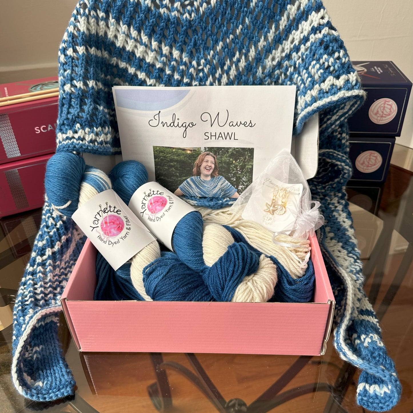 Indigo Waves Hand Dyed Yarn Knitting Kit - knit your own indigo shawl