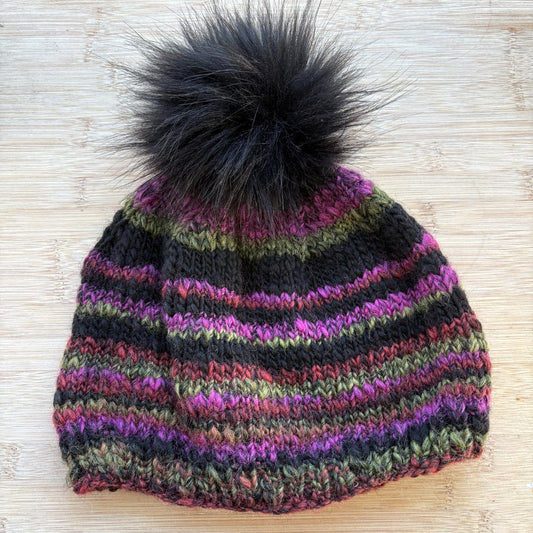 Wool Hat - multi-colored beanie with black pom pom - adult size - thespinninghand
