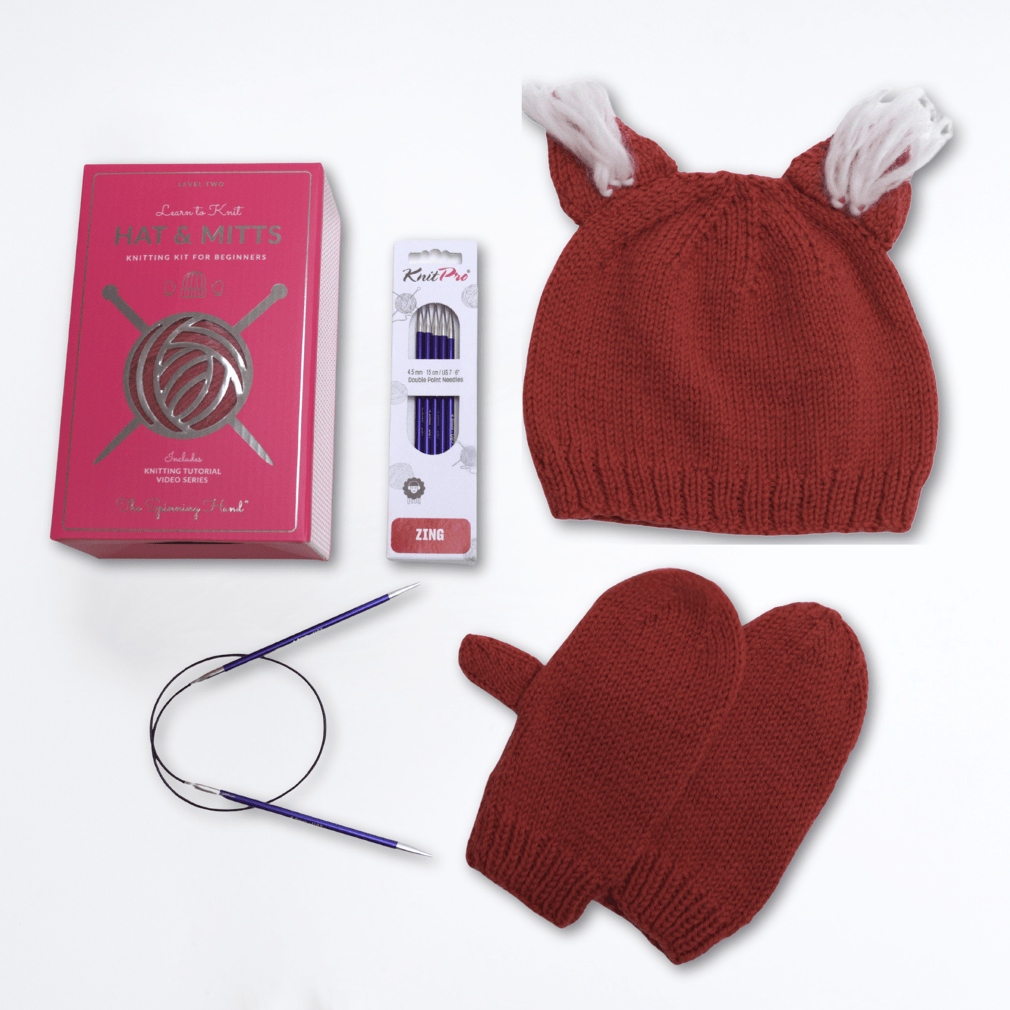 Animal Ears Hat & Mitts Knitting Kit: Bear, Bunny, Witchy Cat, Foxy - thespinninghand