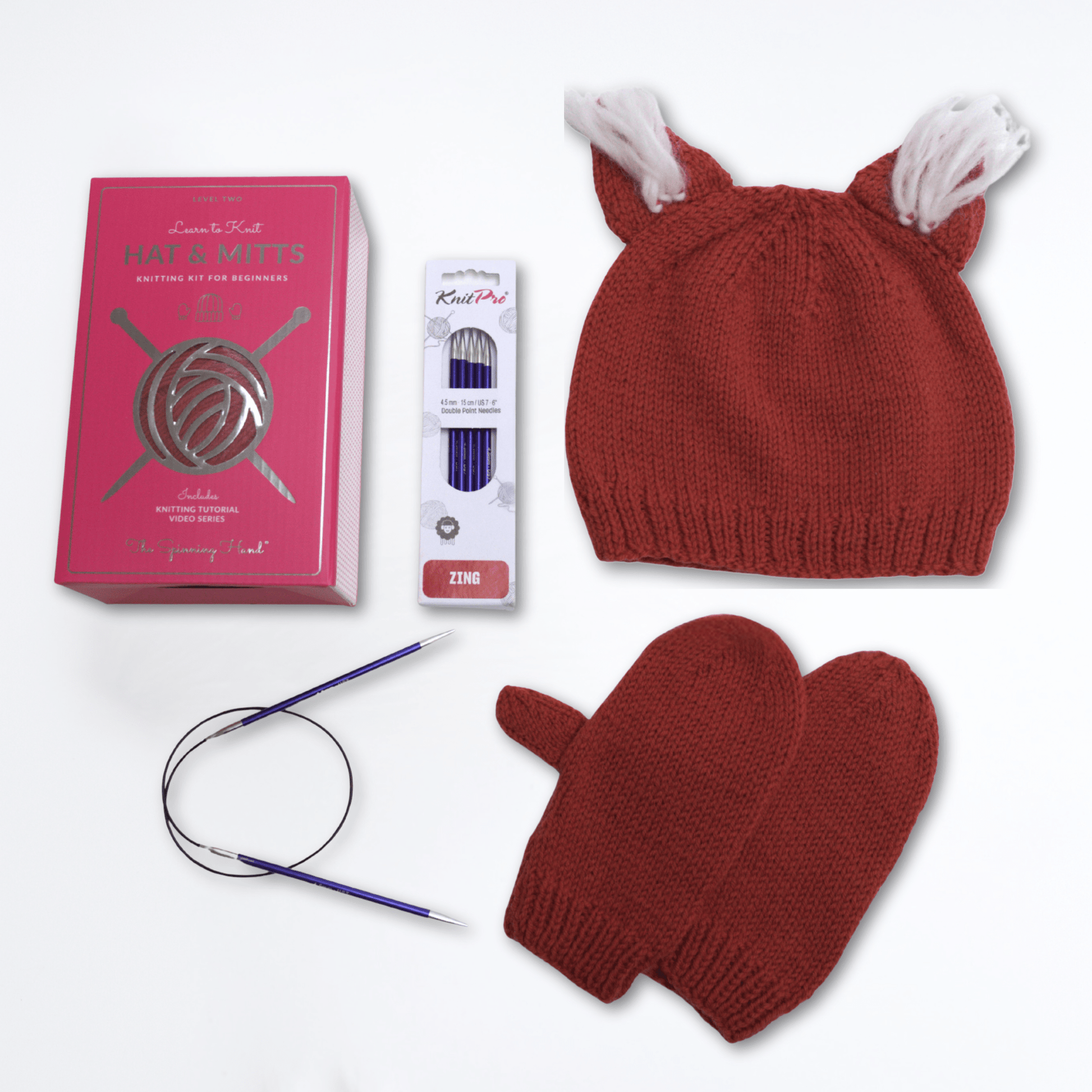 Animal Ears Hat & Mitts Knitting Kit: Bear, Bunny, Witchy Cat, Foxy - thespinninghand
