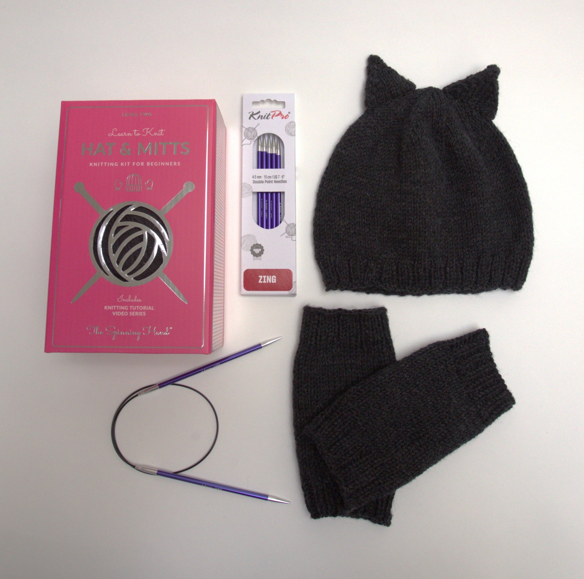Animal Ears Hat & Mitts Knitting Kit: Bear, Bunny, Witchy Cat, Foxy - thespinninghand