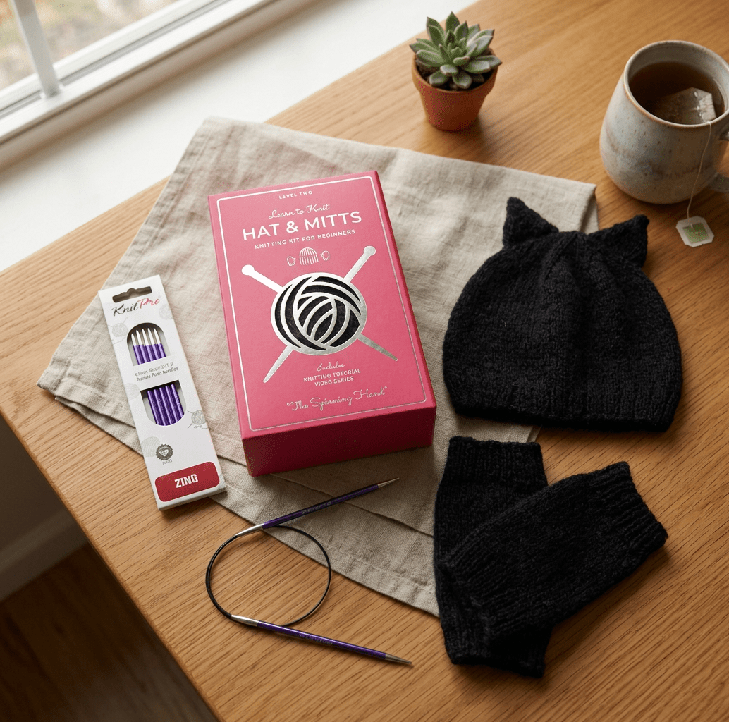 Animal Hat & Mitts Knitting Kit: Advanced Beginner Level - thespinninghand