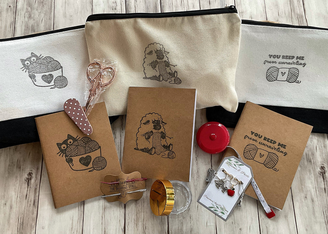 Hand Stamped Notions Pouch - Knitting Tools from Pinecones and Purls - thespinninghand