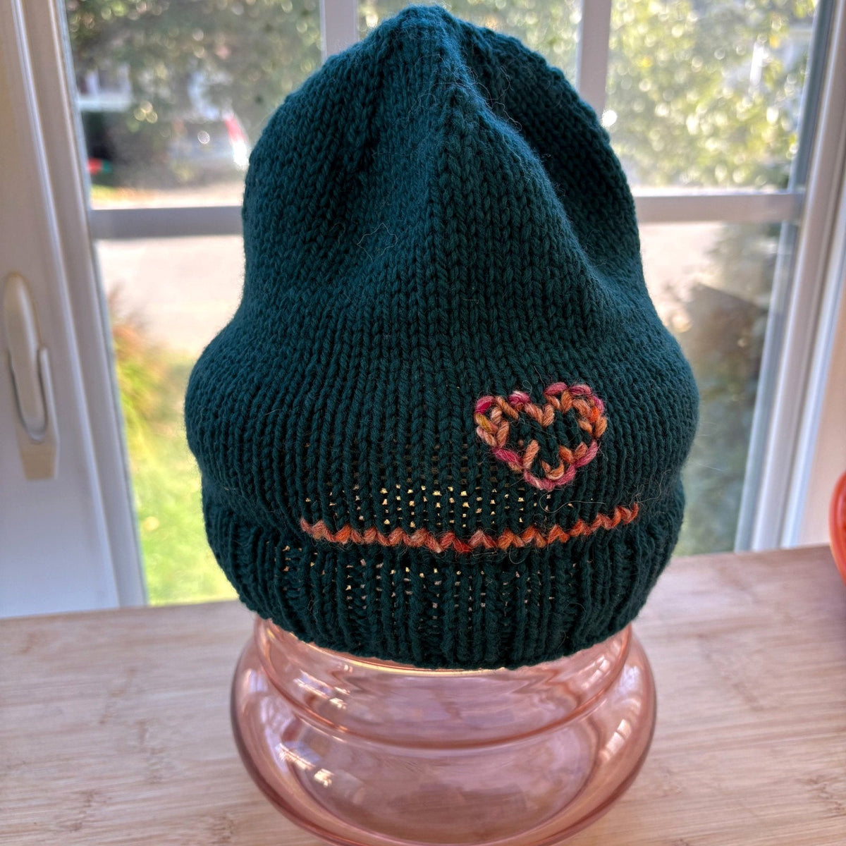 Wool Hat - hand knit dark green with heart - adult size - thespinninghand