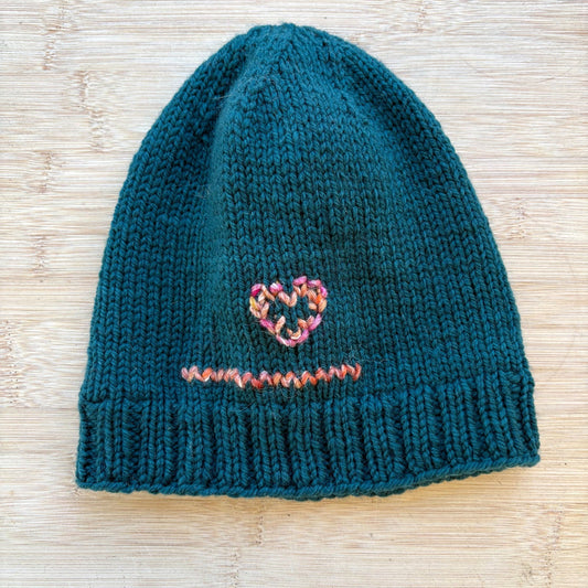 Wool Hat - hand knit dark green with heart - adult size - thespinninghand
