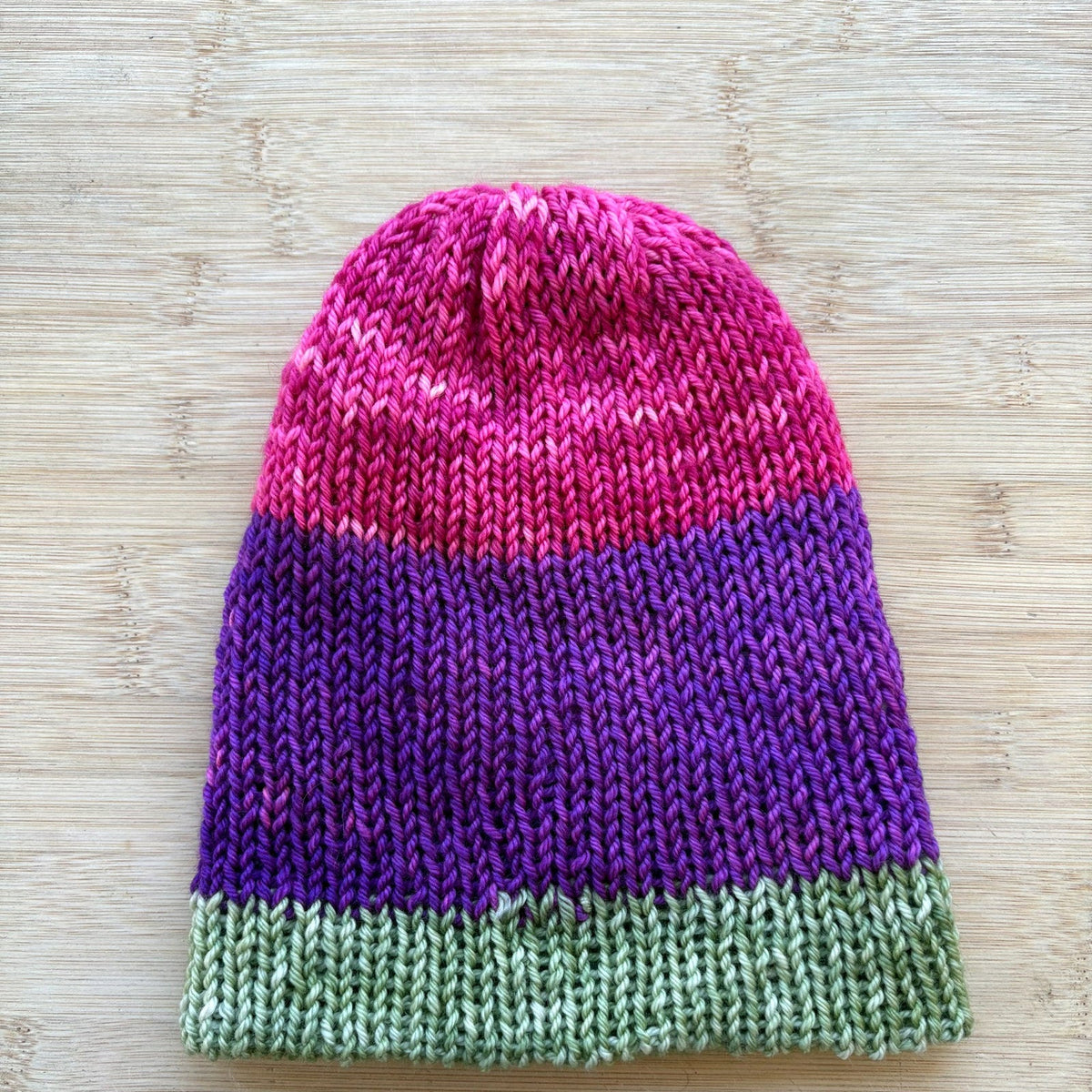 Wool Hat - reversible striped multi-colored pink and green - adult size - thespinninghand
