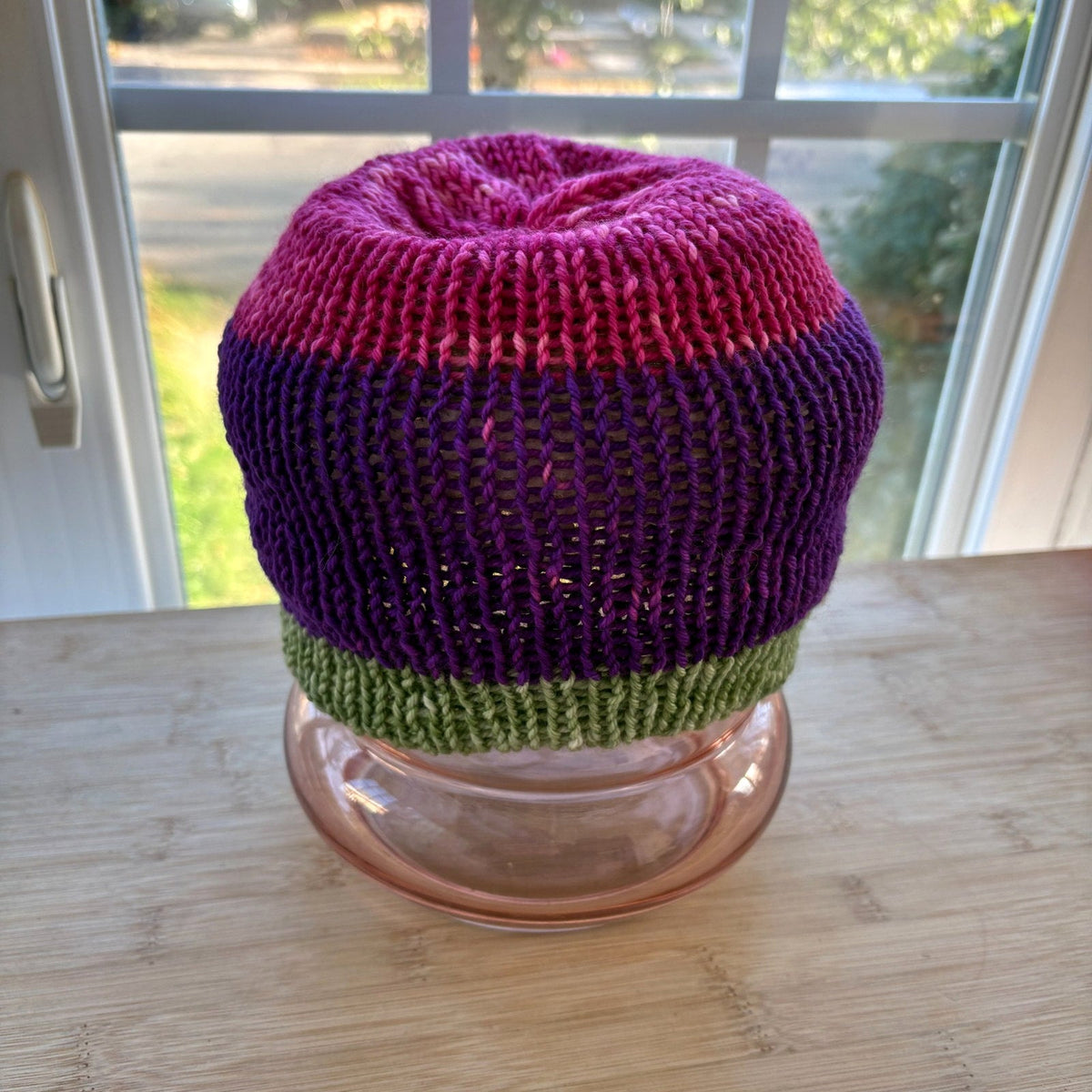 Wool Hat - reversible striped multi-colored pink and green - adult size - thespinninghand