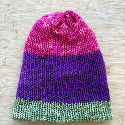 Wool Hat - reversible striped multi-colored pink and green - adult size - thespinninghand