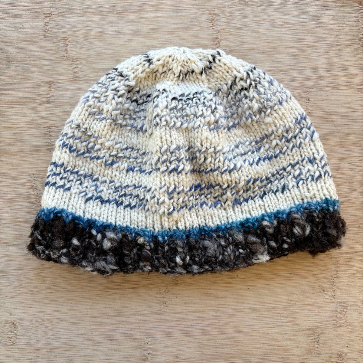 Wool Hat - white, blue, and brown striped - adult size - thespinninghand