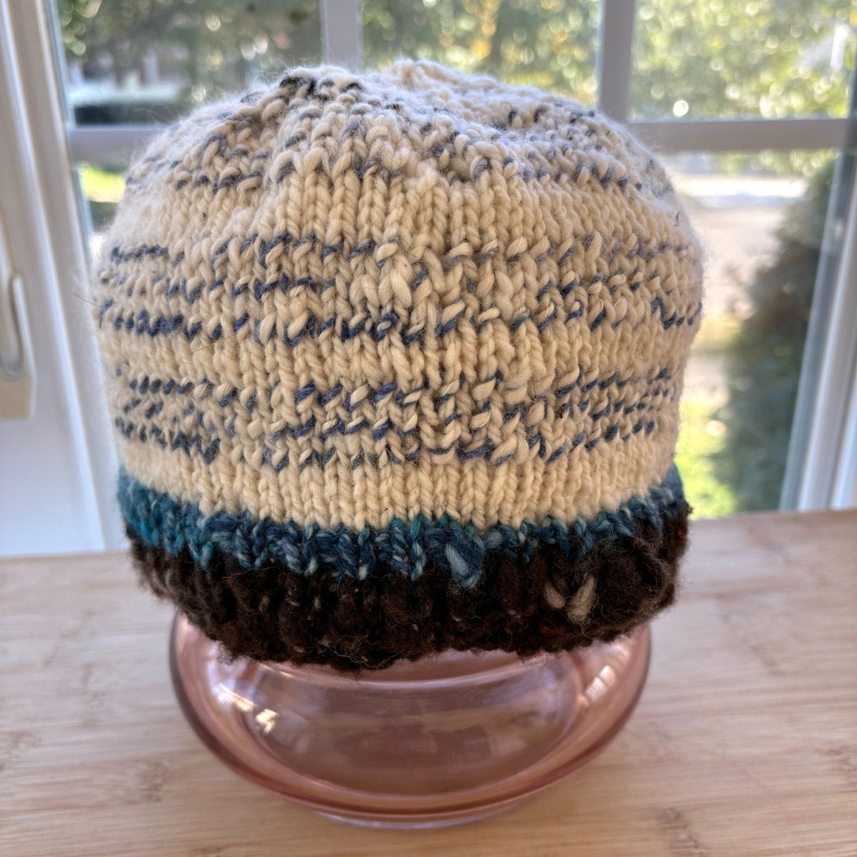Wool Hat - white, blue, and brown striped - adult size - thespinninghand