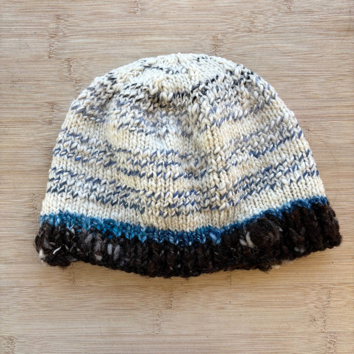 Wool Hat - white, blue, and brown striped - adult size - thespinninghand